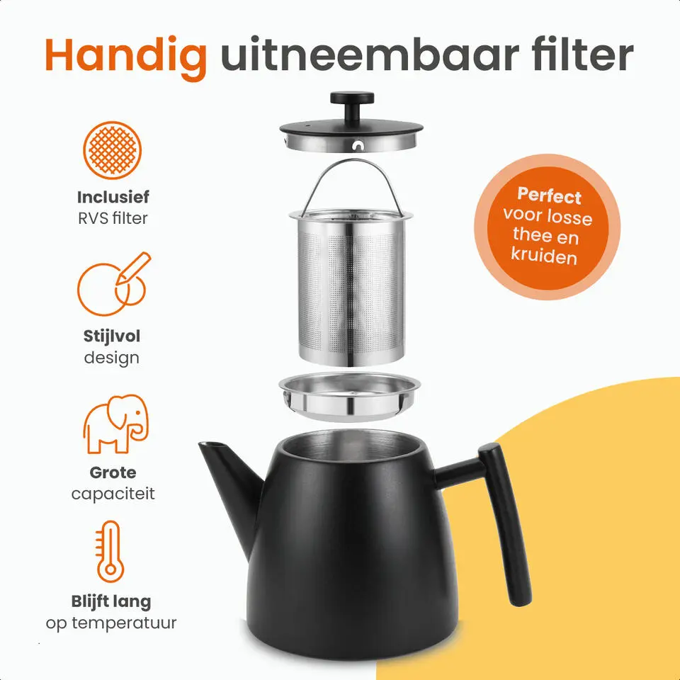 Goliving Theekan met Filter - 1 Liter - Zwart