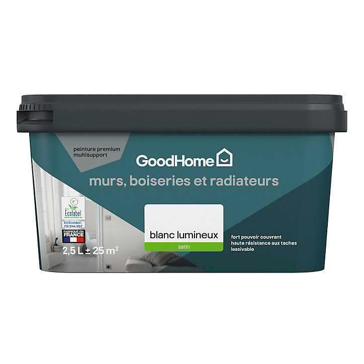 Peinture murs et plafonds haute résistance GoodHome blanc lumineux satin 2,5L