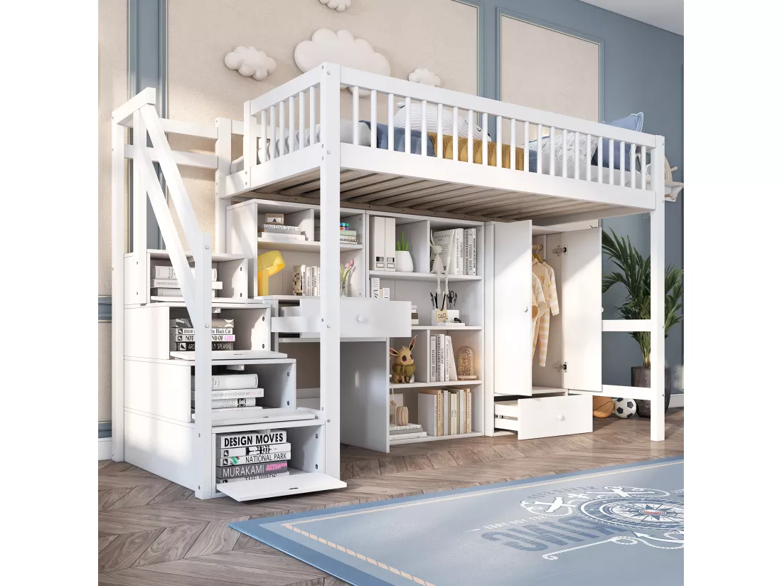 Lit mezzanine multifonctionnel en bois et MDF - 90x200 cm - avec escalier de rangement, bureau et armoire - Blanc(sans matelas)