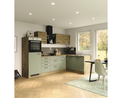 Flex Well hoekkeuken met apparatuur Cara 280 cm groen eiken mat gedemonteerde variant omkeerbaar 00012743