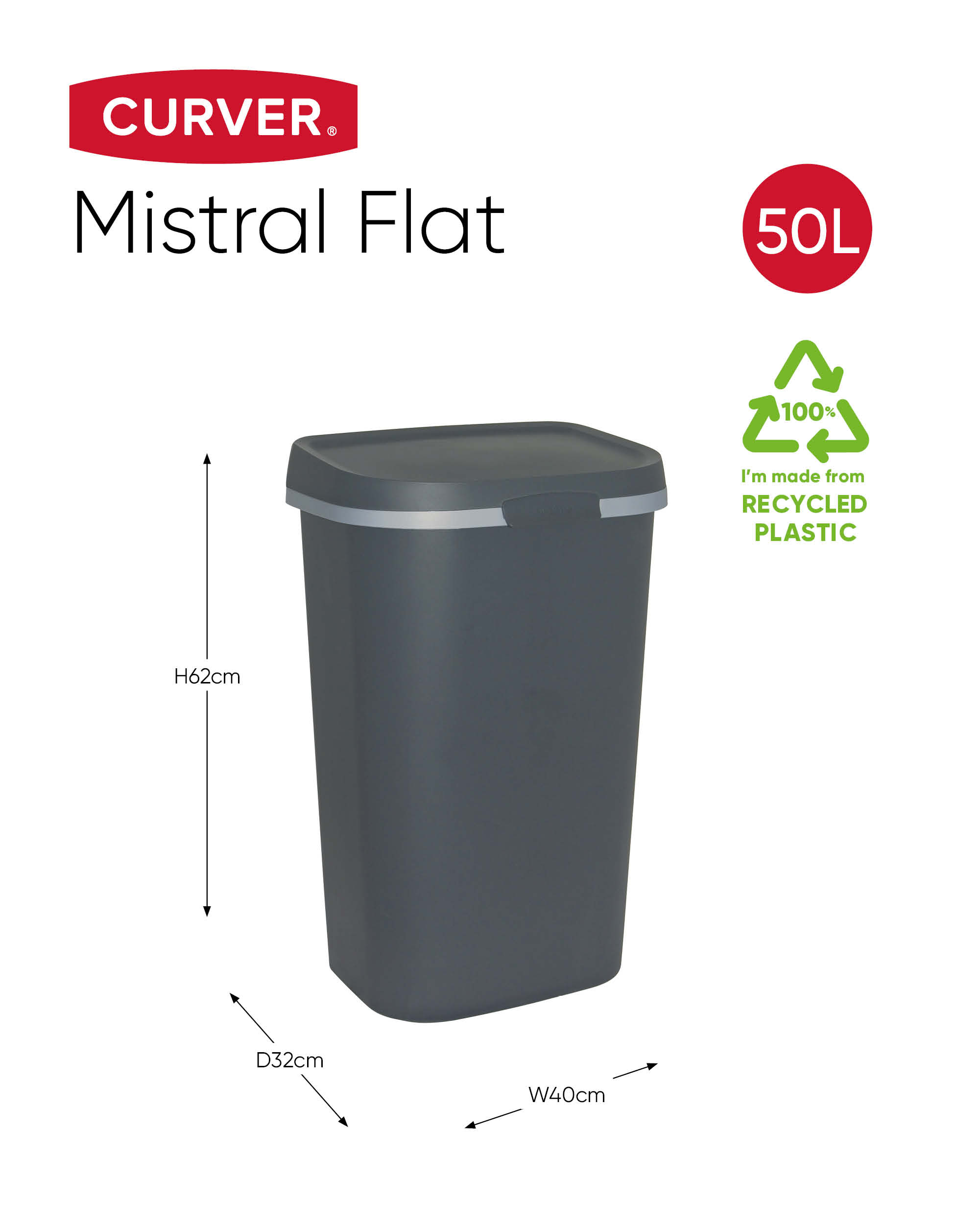 Curver Mistral Flat 50 liter prullenbak - Antraciet