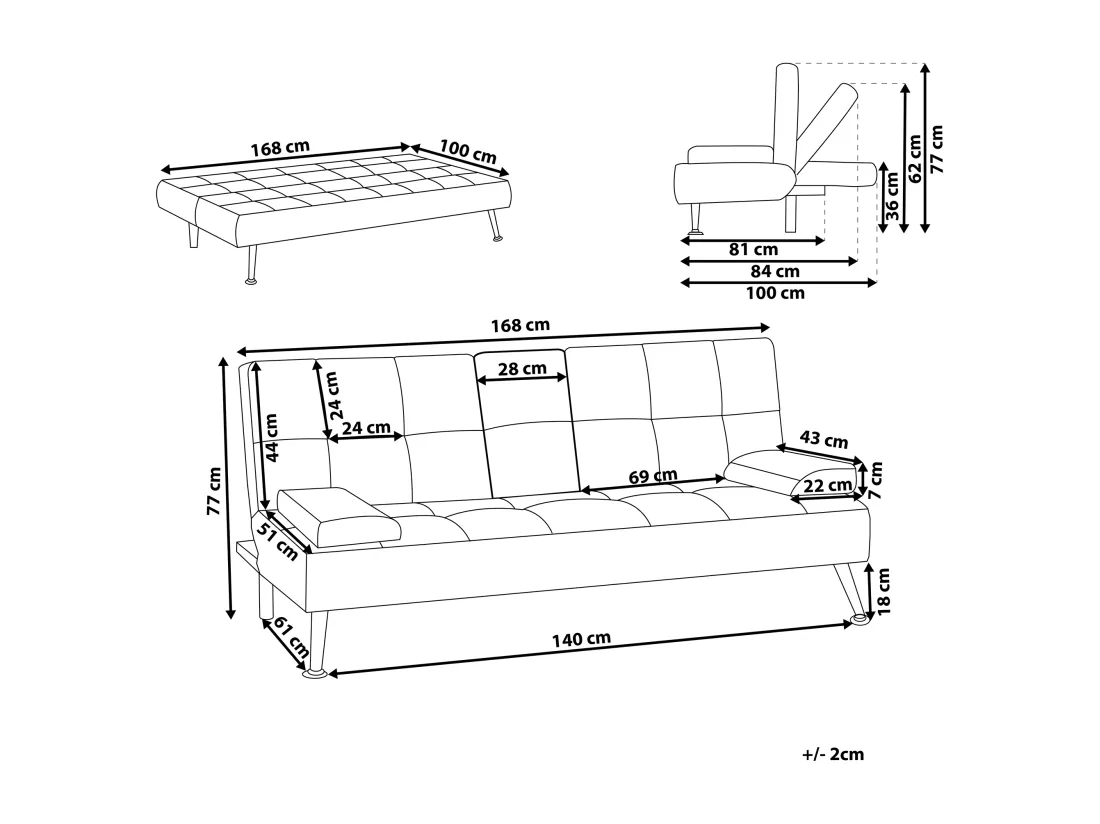 Canapé convertible 3 places en tissu noir ROXEN