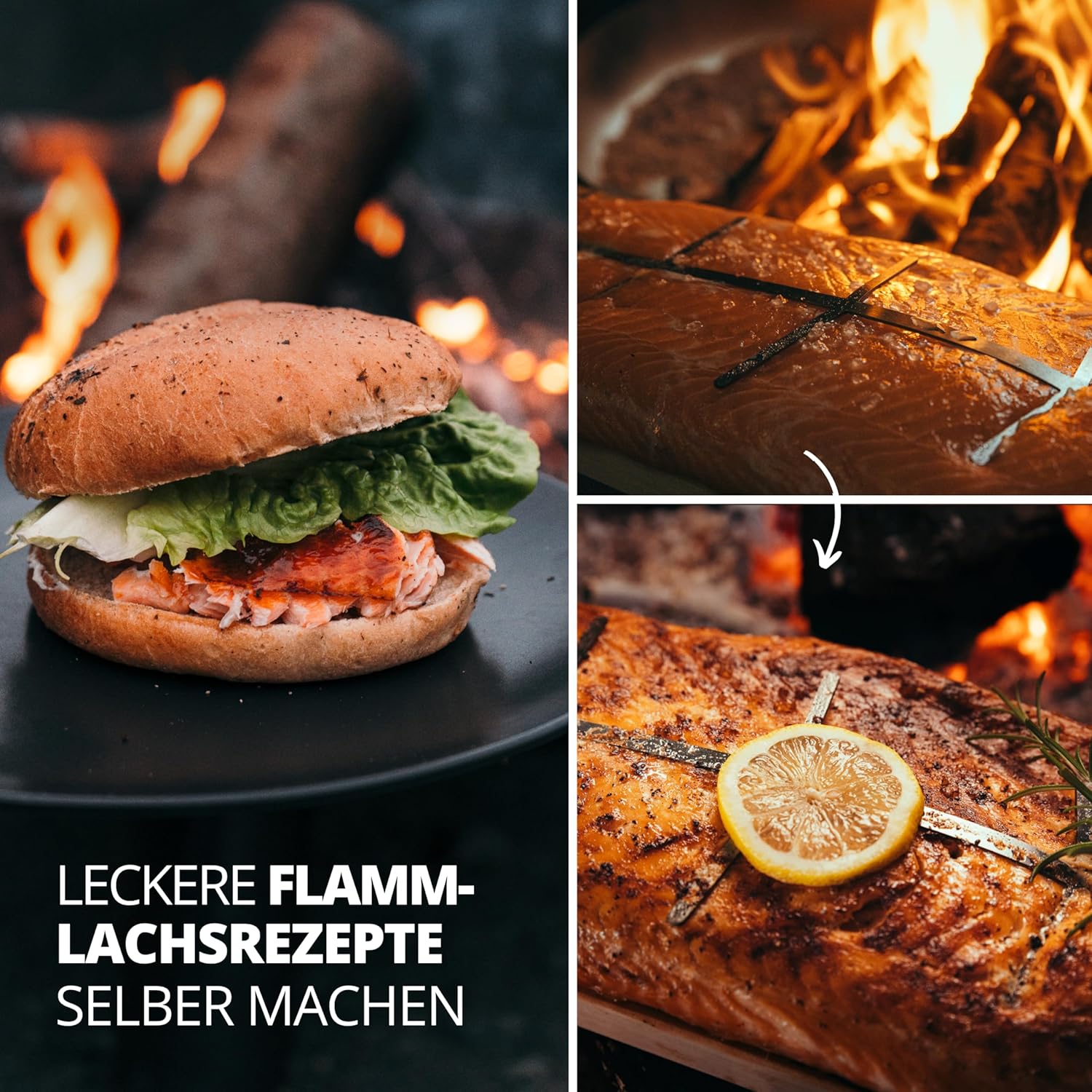 FINNWERK Flammlachsbrett Geschenkset - Lachsbretter mit Halterung aus Edelstahl und praktischem Winkelsystem - Räucherbrett aus massiver Birke - Perfektes Outdoor Geschenk mit Echtholz-Geschenkbox