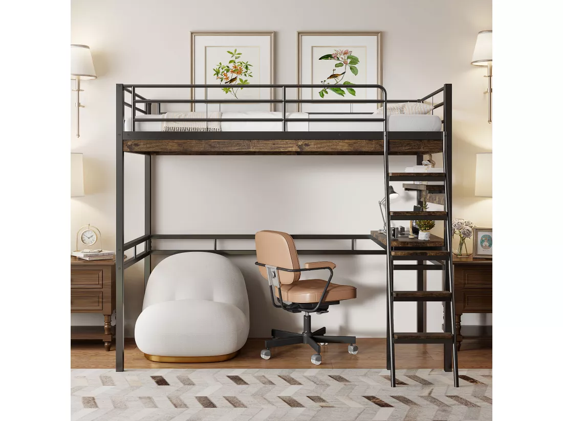 Lit mezzanine 90x200cm - avec bureau + étagères + barrières - Noir
