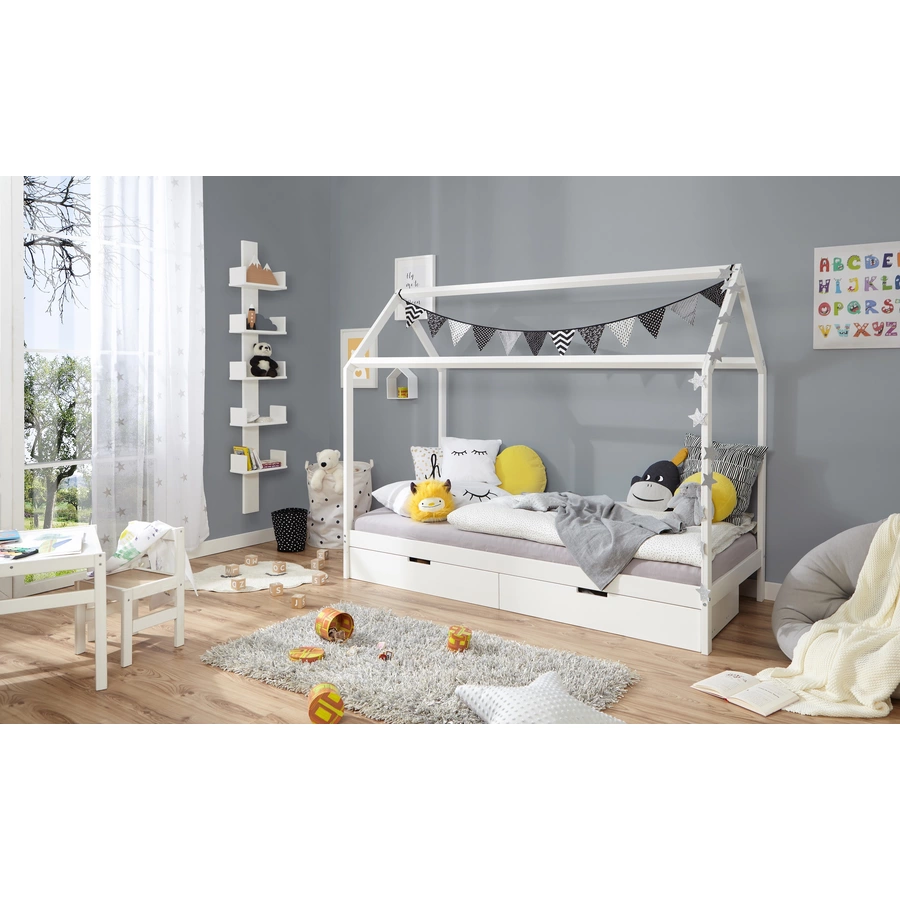 TICAA Kinderbett Hausbett Lina mit Schubkästen 90x200 cm Kiefer weiß weiß