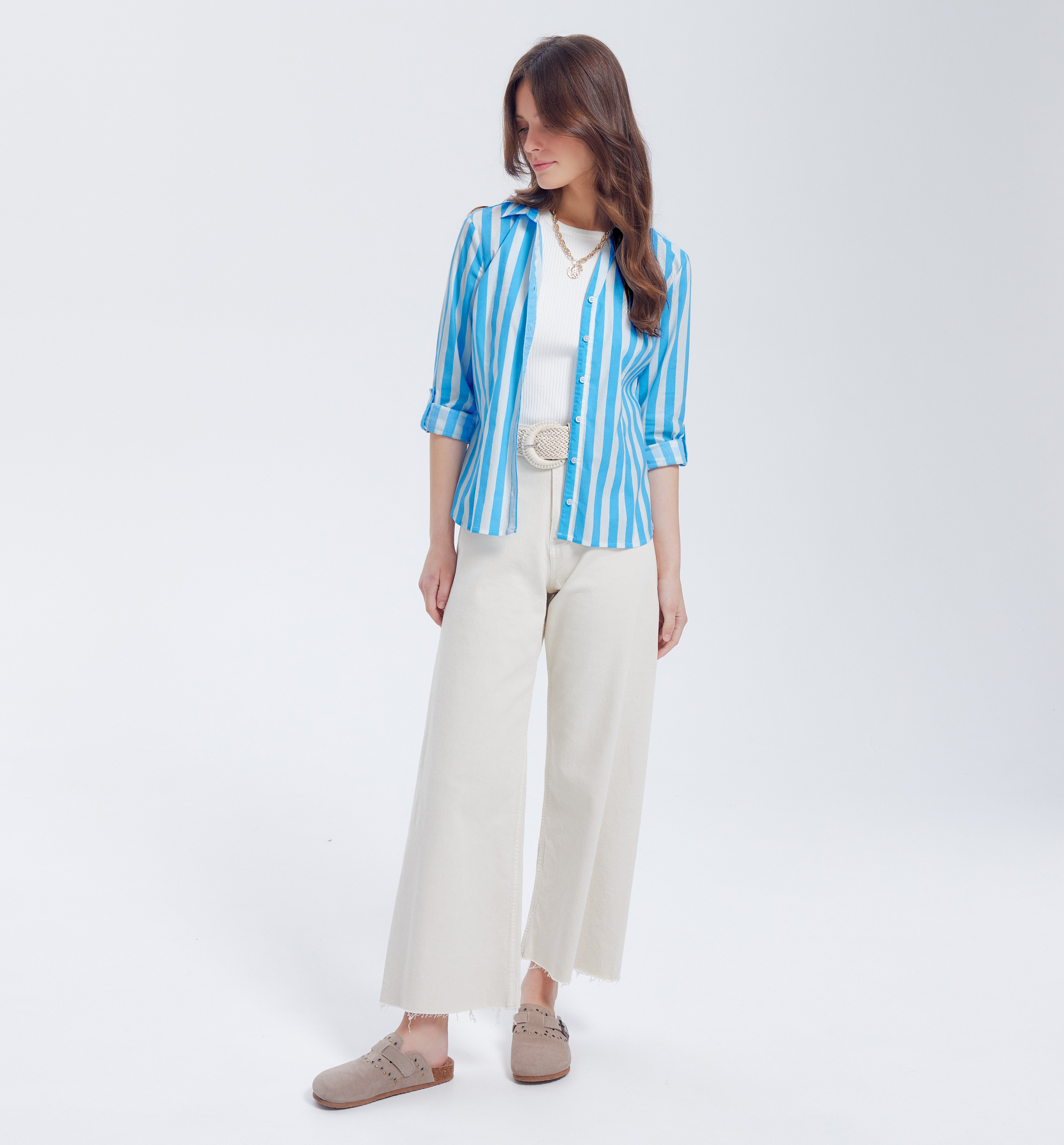 Chemise ajustée Femme - Rayé écru