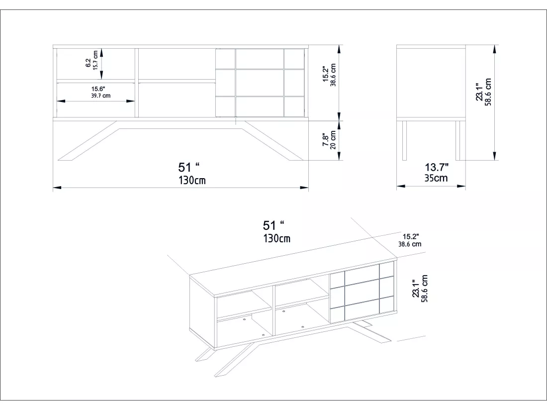 Meuble TV North 130 cm avec cabinet et étagès, pieds en métal (Blanc, Effet marbre blanc et Doré)