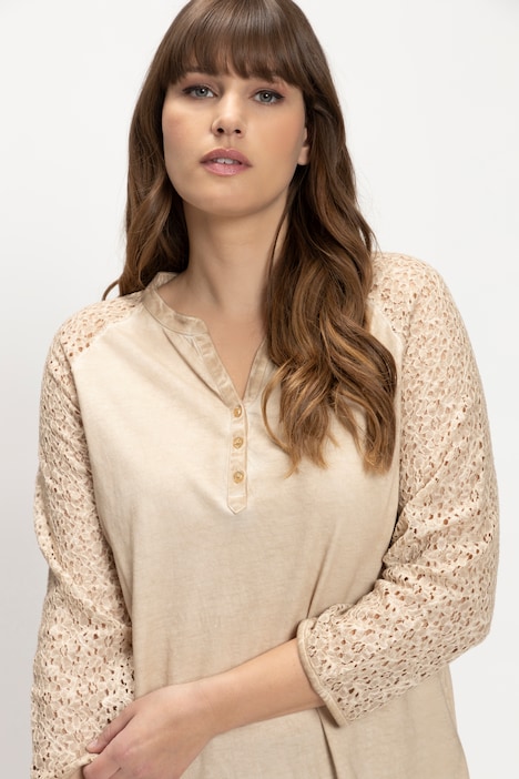 Shirt, A-Linie, Tunika-Ausschnitt, 3/4-Spitzenärmel