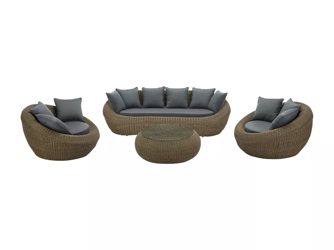 Salon de jardin en résine tressée naturel foncé : canapé, 2 fauteuils et table basse - WHITEHEAVEN de MYLIA