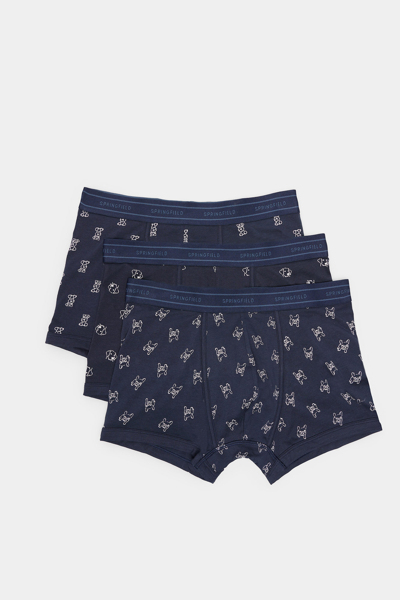 Conjunto de 3 cuecas boxer azuis de algodão com estampa de cachorro.