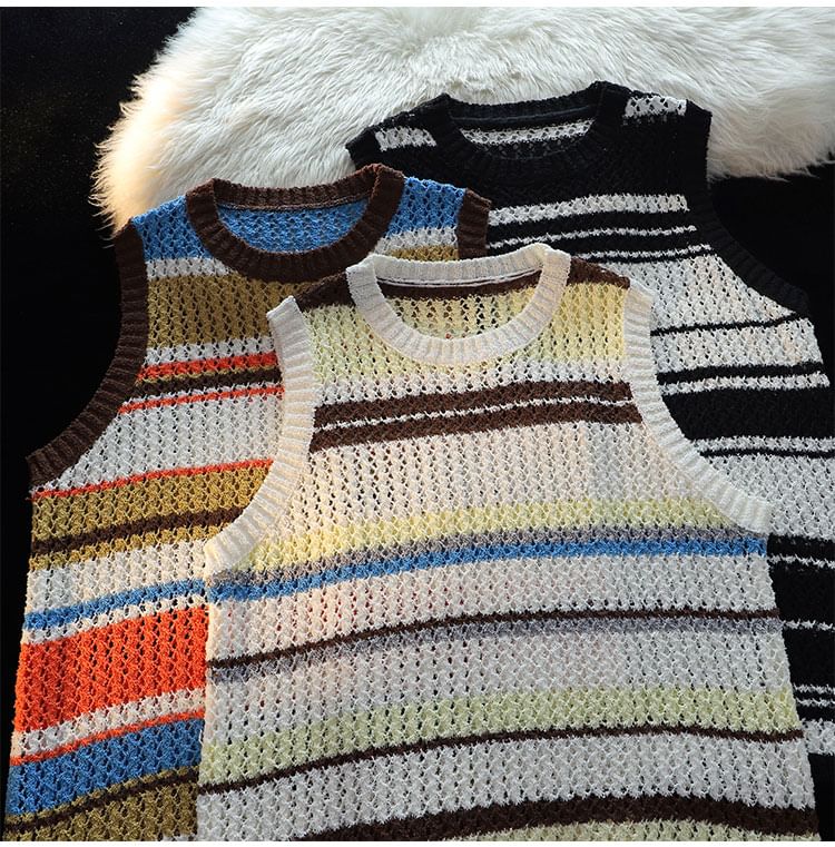 Whyessa - Gestreepte gebreide tanktop met ronde hals