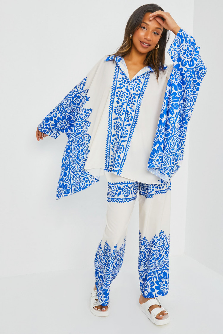 Ensemble 2 pièces chemise + pantalon écru / bleu