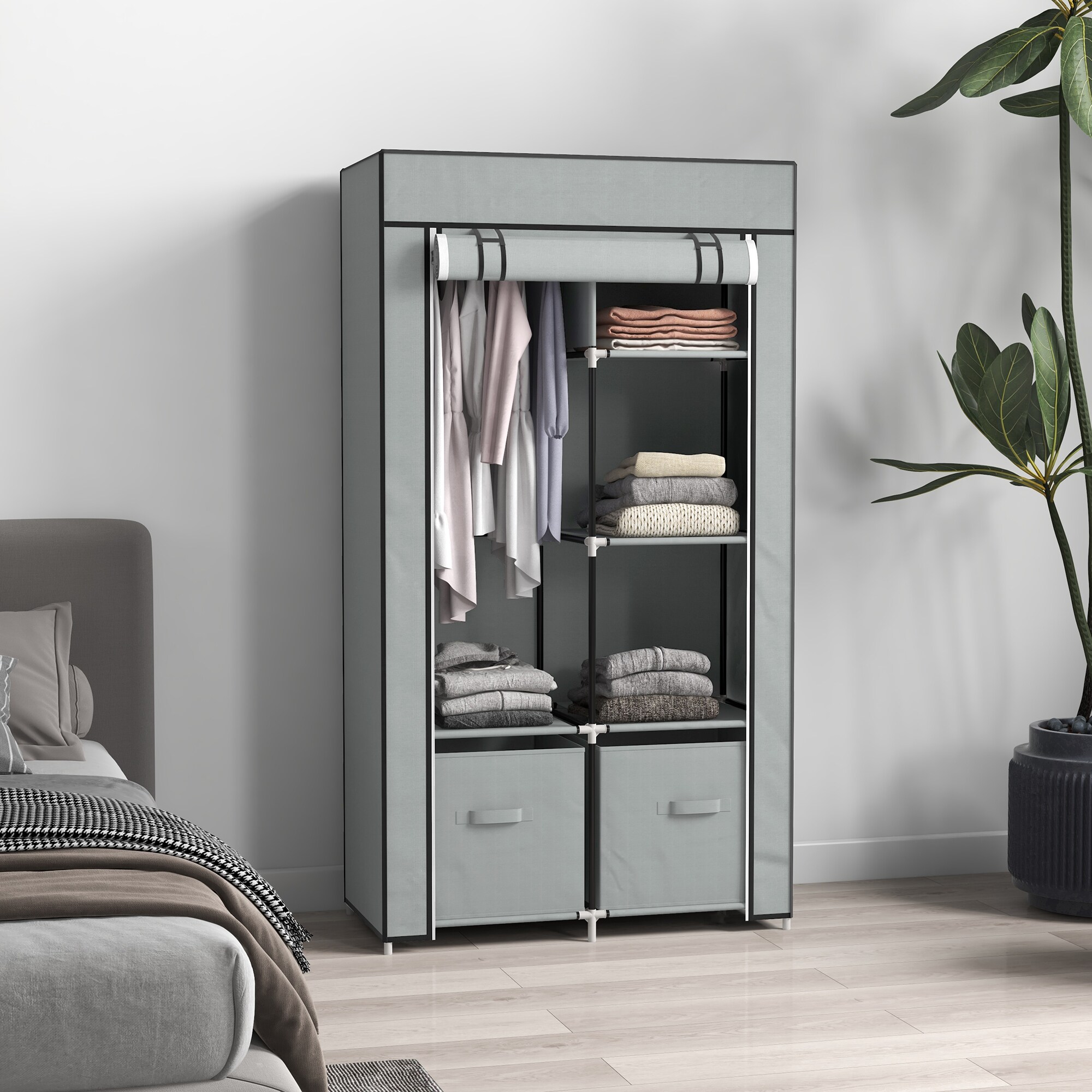 HOMCOM Stoffkleiderschrank mit Reißverschlusstüren grau 83L x 42,5B x 162,5Hcm