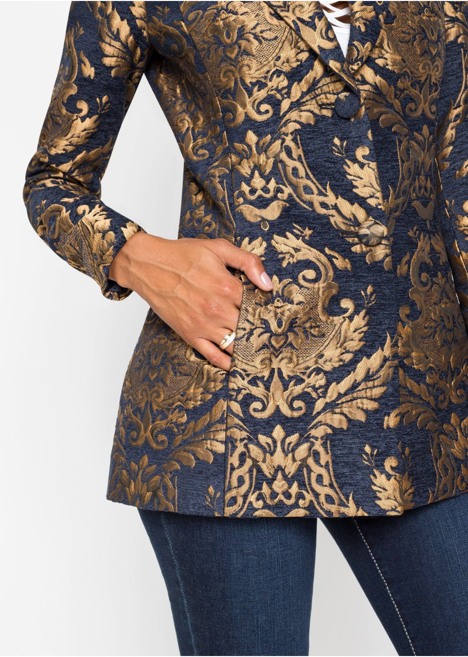 Manteau court en jacquard doré, taille courte