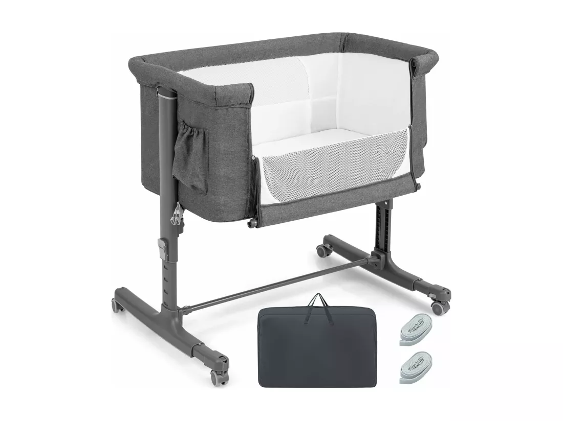 Lit Cododo Bébé 3 en 1 avec Hauteur Réglable 5 Niveaux, Lit Berceau Inclinaison de 10° avec Matelas Confortable,Maille Respirante,Charge 9KG,Sac de Voyage pour Bébé 0-5 Mois, Gris