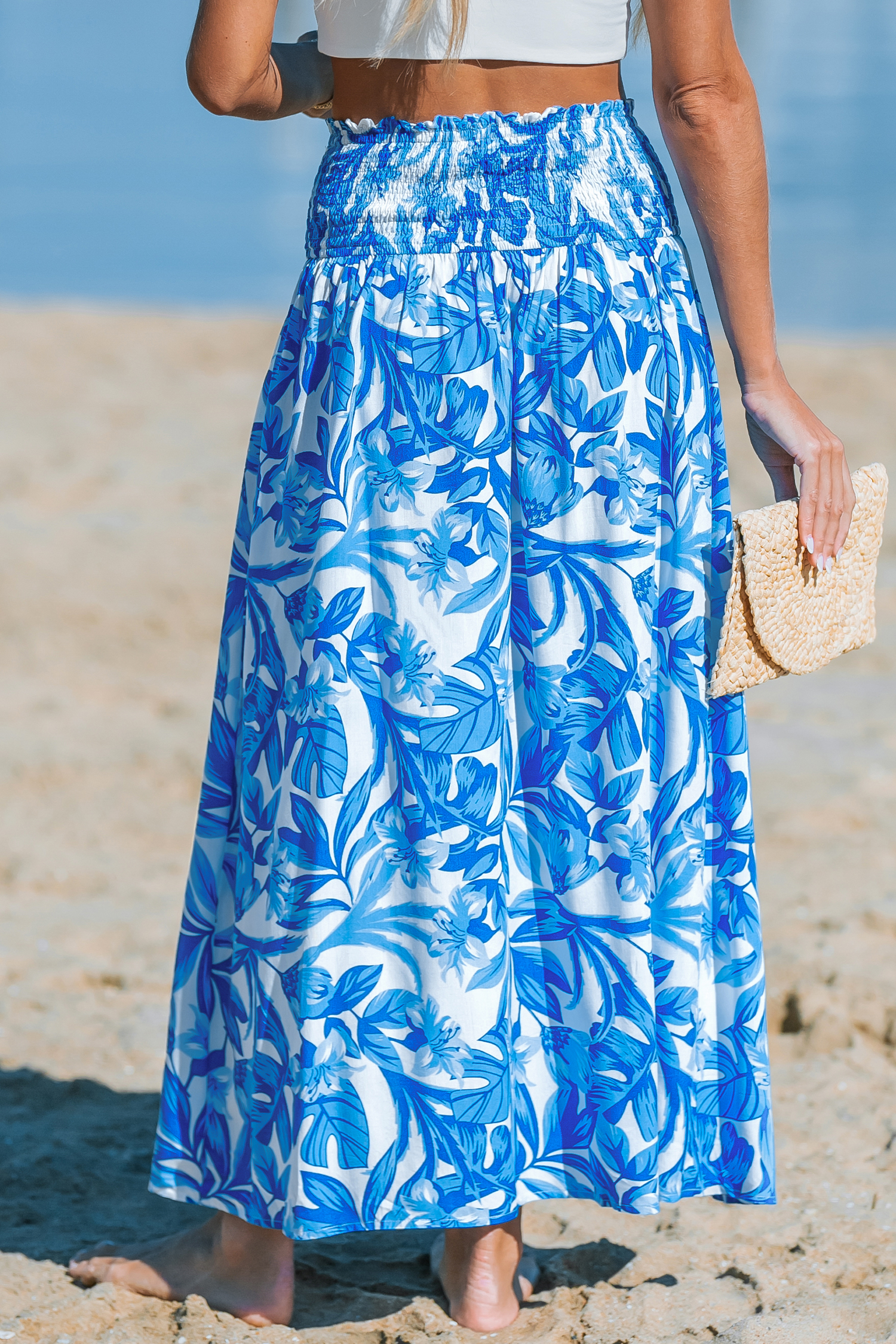 Jupe cover up maxi avec taille à smocks tropicale bleue
