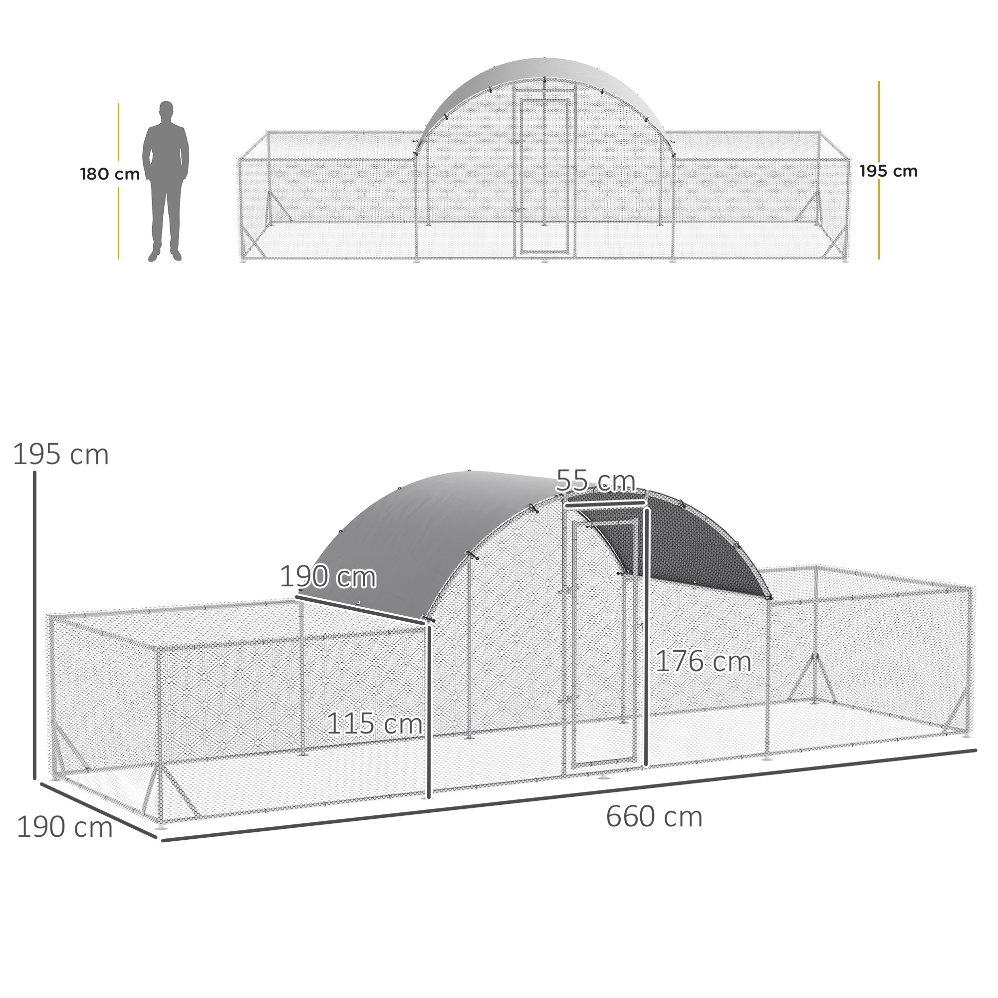 Galinheiro externo PawHut em aço galvanizado, 6,6 x 1,9 x 1,95 m, para 12 a 14 galinhas, com 3 níveis, cobertura de tecido e área cercada para coelhos e pássaros, cor prata.