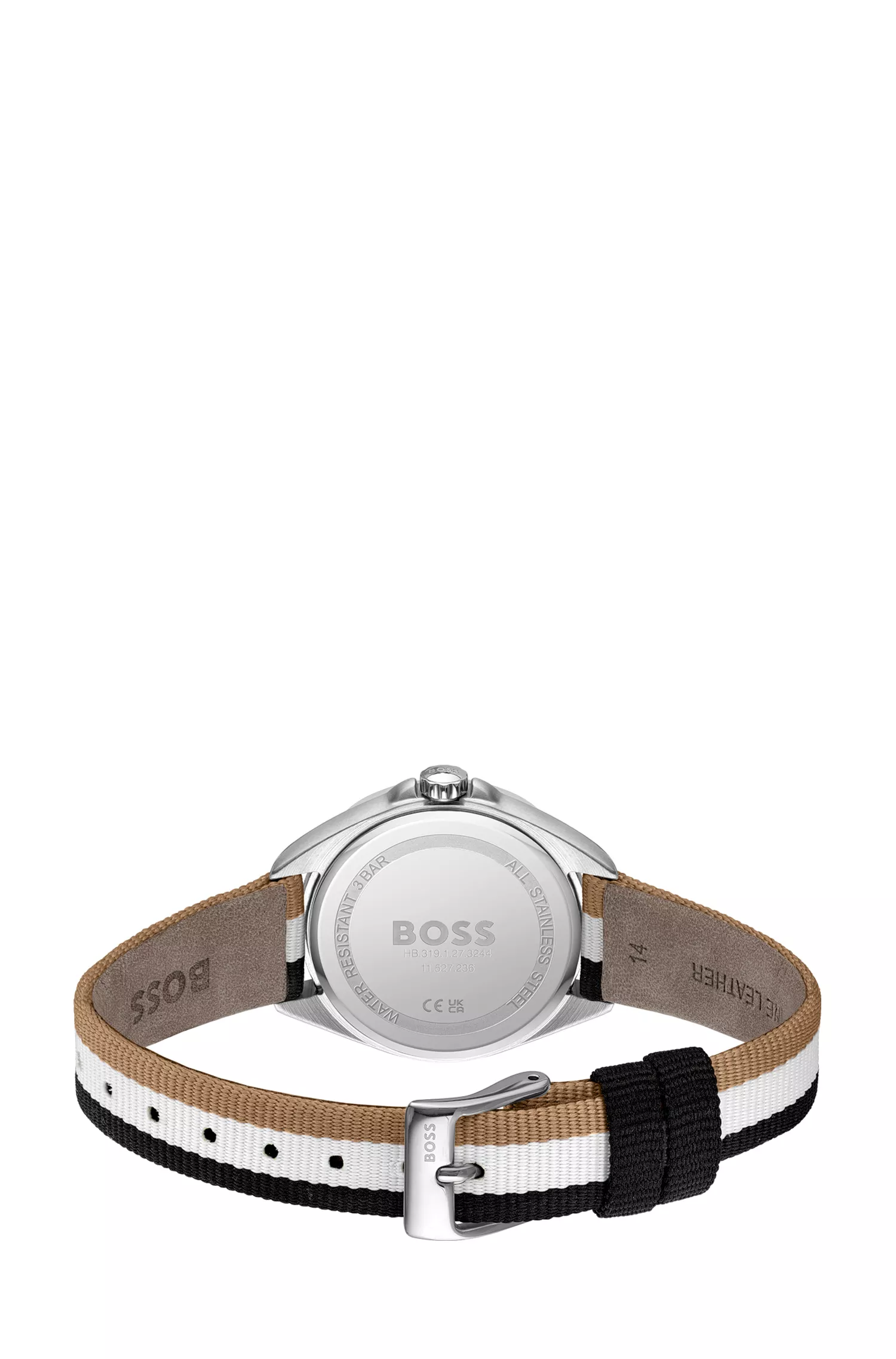Relógio BOSS com mostrador preto e branco, pulseira listrada e detalhes em cristal.