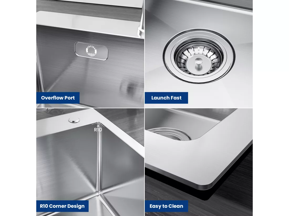 Cecipa max 2 en 1 Évier 1 Bac Inox 50 x 45 x 18,5 cm + Robinet de Cuisine Inox Extractible Chrome