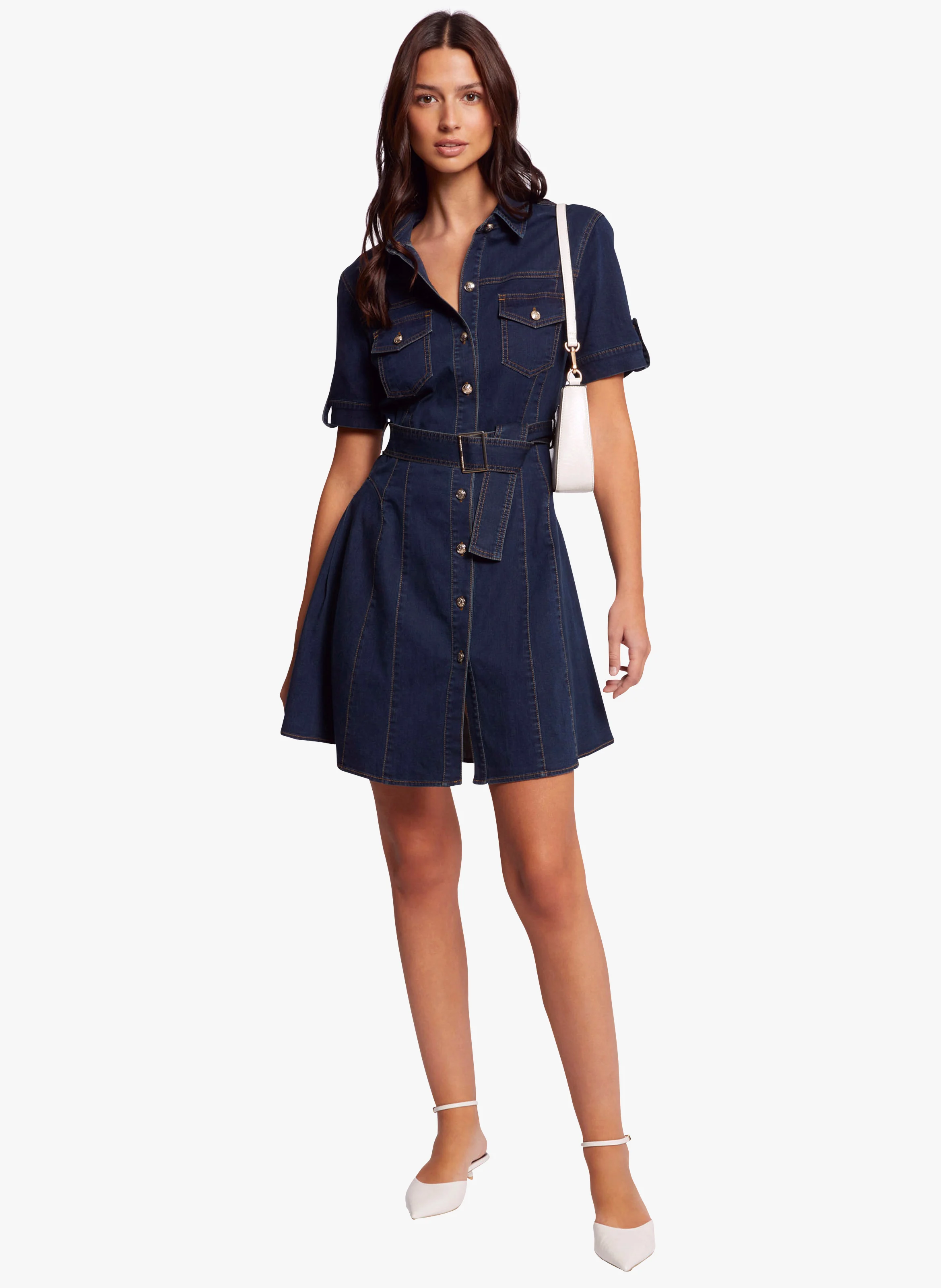 RIXES - Robe courte cintrée col classique en coton mélangé | Jean brut