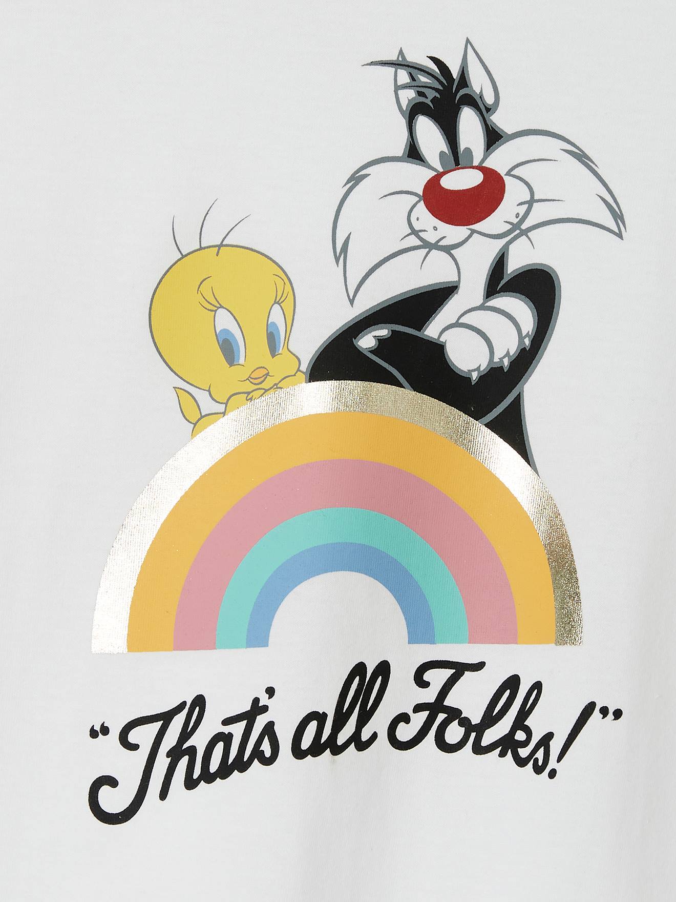 Camiseta Looney Tunes® Sylvester e Tweety, lisa, branca clara com estampas.