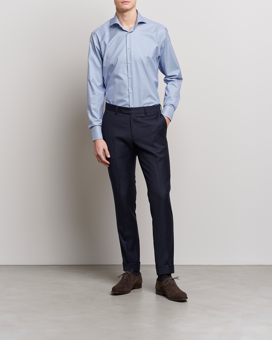 Stenströms Fitted Body Small Check Cut Away Shirt Blue