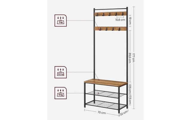 VASAGLE Schuhregal »VASAGLE Garderobe mit Schuhregal 32 cm x 175 cm, Braun/Schwarz«