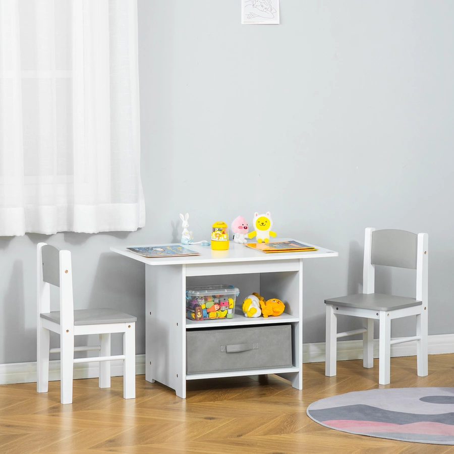 HOMCOM Kindersitzgruppe mit 2 Stühlen und Tisch mit Schubladen bunt