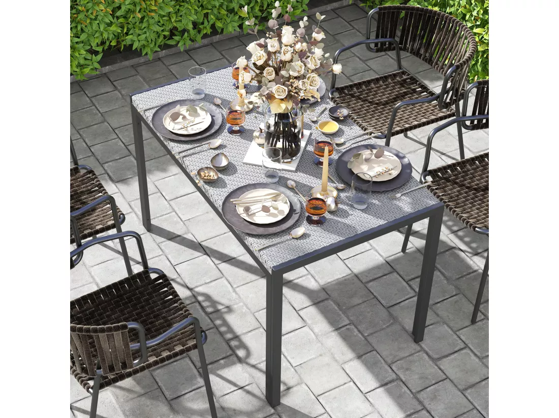 Table de jardin rectangulaire 4 personnes métal plateau résine tressée