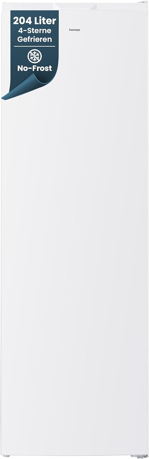 homeX Gefrierschrank NoFrost, Tiefkühlschrank groß - 204L Nutzinhalt, 4-Sterne Gefrieren, XXL Freezer, Gefrierschränke freistehend, Temperaturregelung, Super-Frost-Funktion, leise 39 dB, weiß