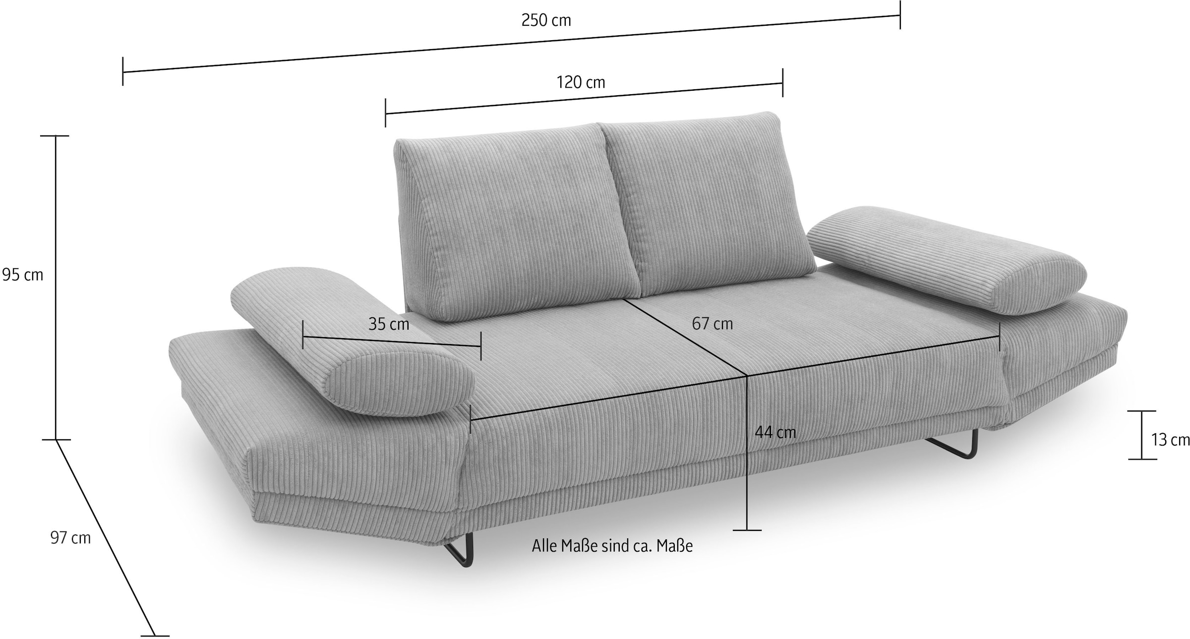 INOSIGN Schlafsofa »Jadelyn mit klappbaren Armlehnen, Bettsofa mit Federkern, Breite 250cm« Federkern, Cord-Bezug, incl. 2 Armlehnkissen, Liegefläche 97x250 cm