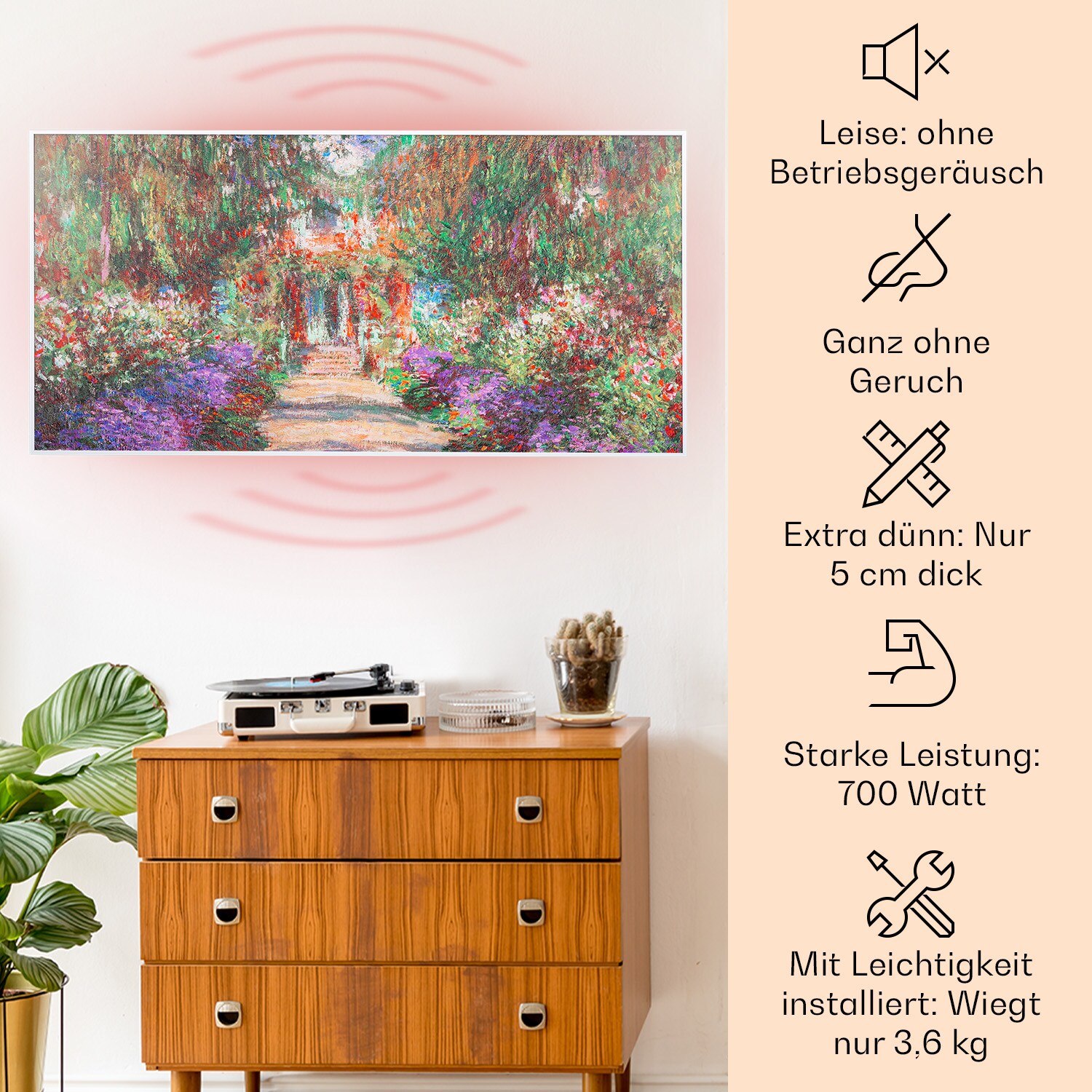 Wonderwall Air Art Smart Infrarotheizung 120x60cm 700W WandinstallationApp-Steuerung Gartenweg