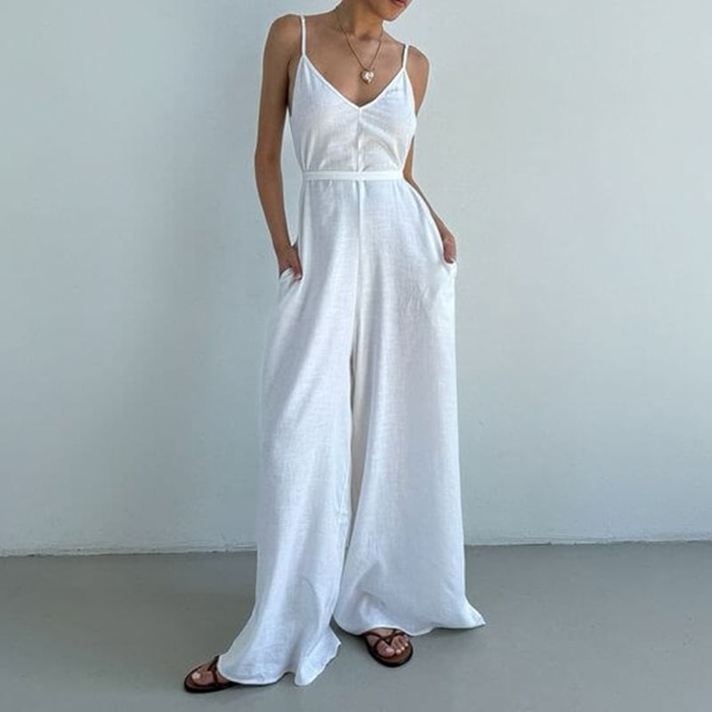 Honet - Spaghettibandjes V-hals Effen Jumpsuit