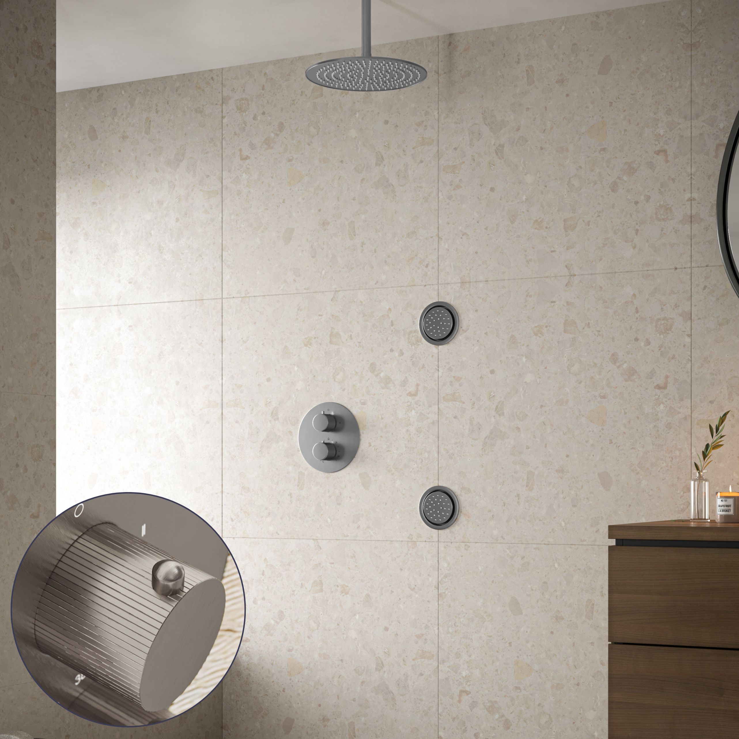 Saniclear Exclusive Stripes inbouw regendouche 20cm met ronde massagejets en plafondarm RVS