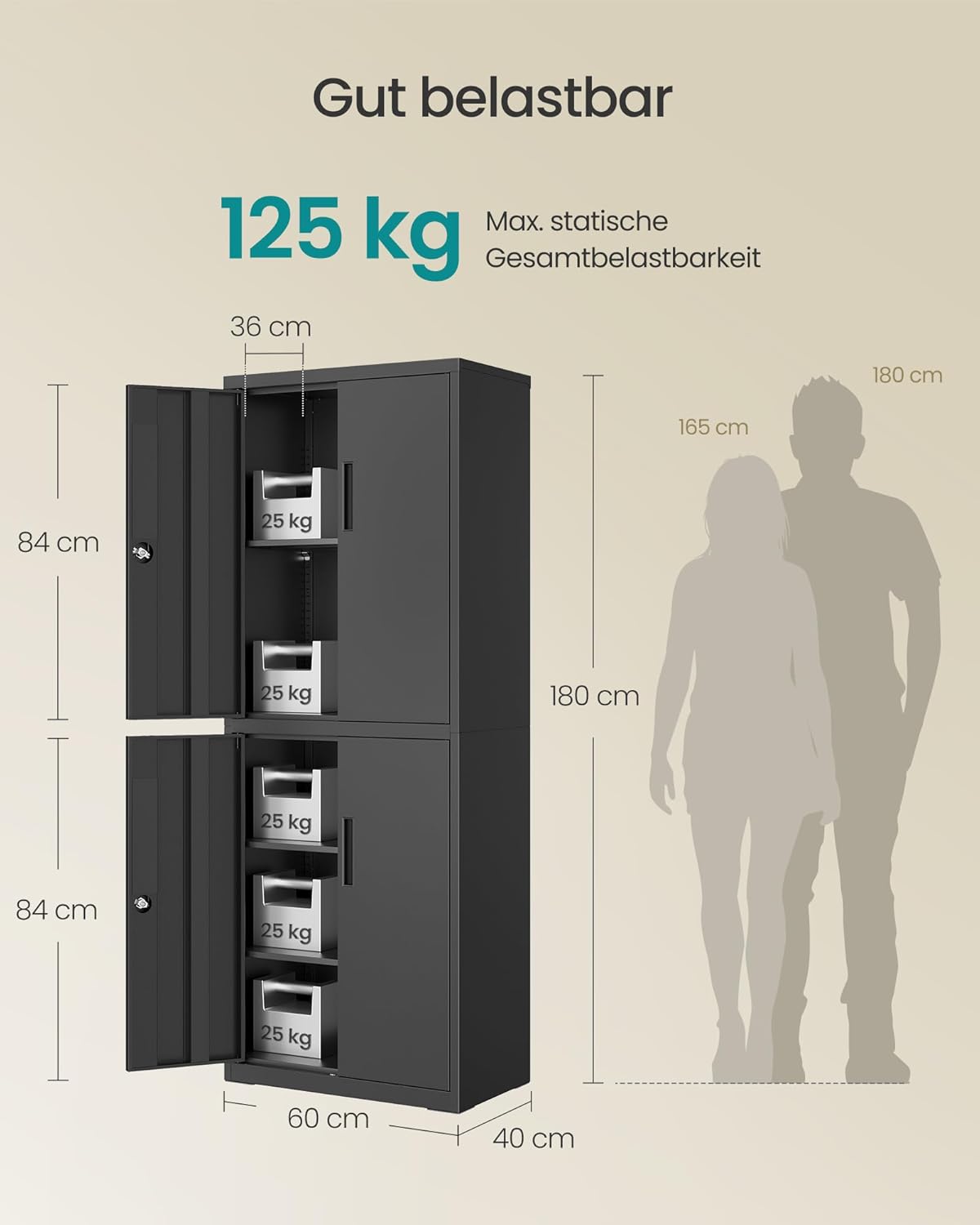 SONGMICS Aktenschrank, Mehrzweckschrank, Büroschrank, mit 4 Türen und 5 Ebenen, 40 x 60 x 180 cm, 2 Schlösser, verstellbare Ablagen, Aufbewahrungsschrank aus Stahl, Mattschwarz OMC017BD01