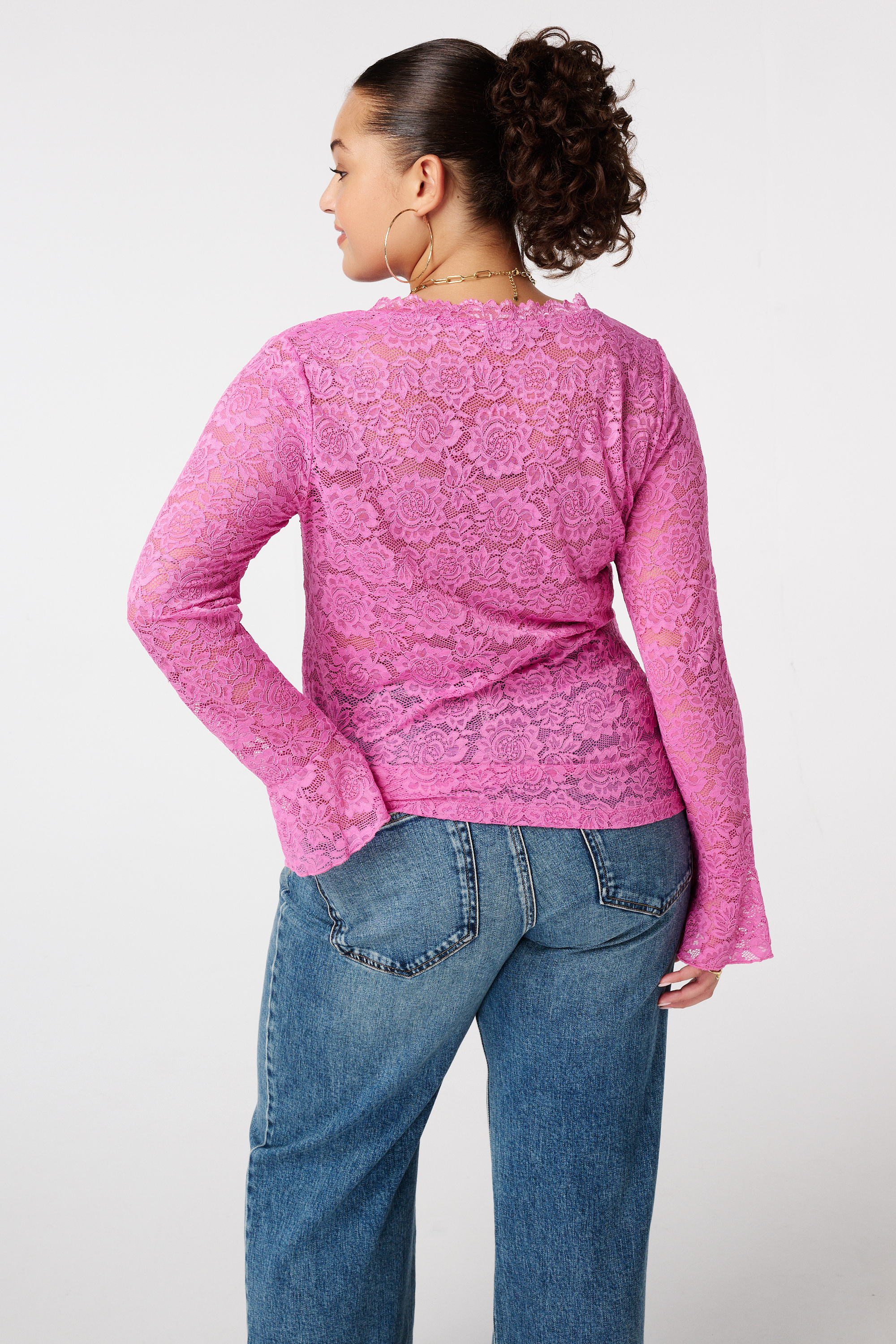Kanten top met lange mouwen Pink