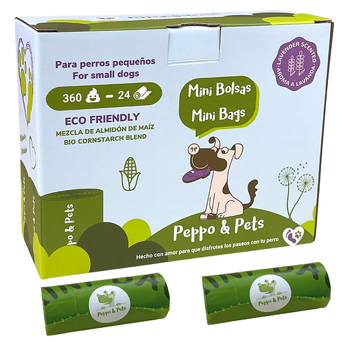 Peppo and Pets - 360 MINI Sacos Biológicos para Recolher Fezes de Cães de Pequeno Porte - Muito Resistentes - Aroma de Lavanda