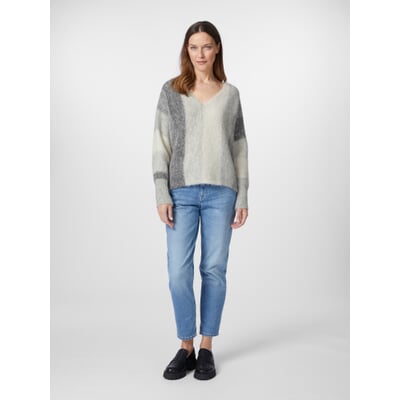 Damenpullover V-Ausschnitt, Grau-Creme