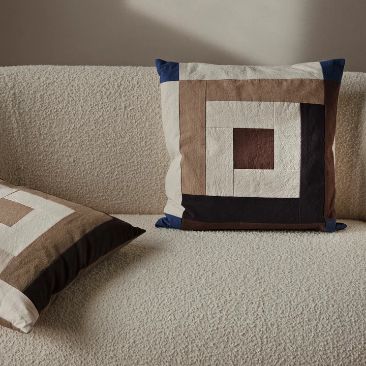 Ferm Living - Border Patchwork Kissen, 50 x 50 cm, dark sage / red brown