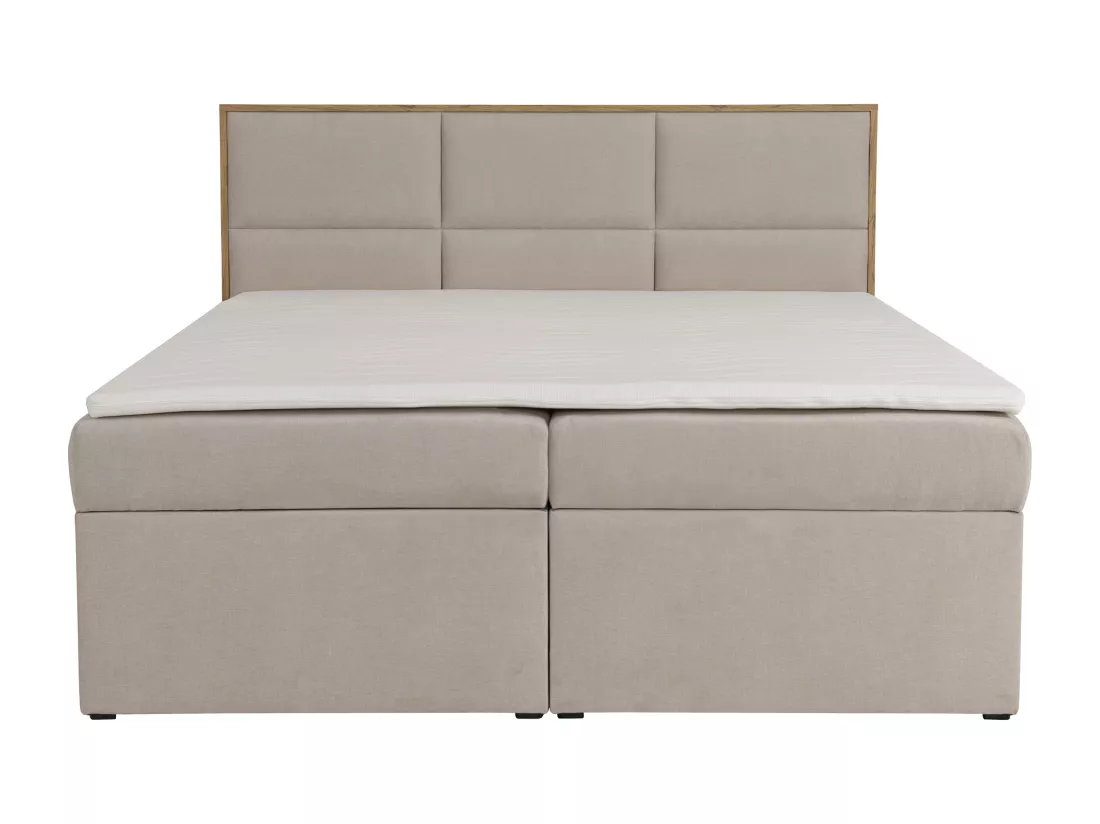 Ensemble complet literie déco tête de lit encadré bois + sommiers coffre + matelas + surmatelas - 180 x 200 cm - Tissu - Beige - SIAKI de YSMÉE