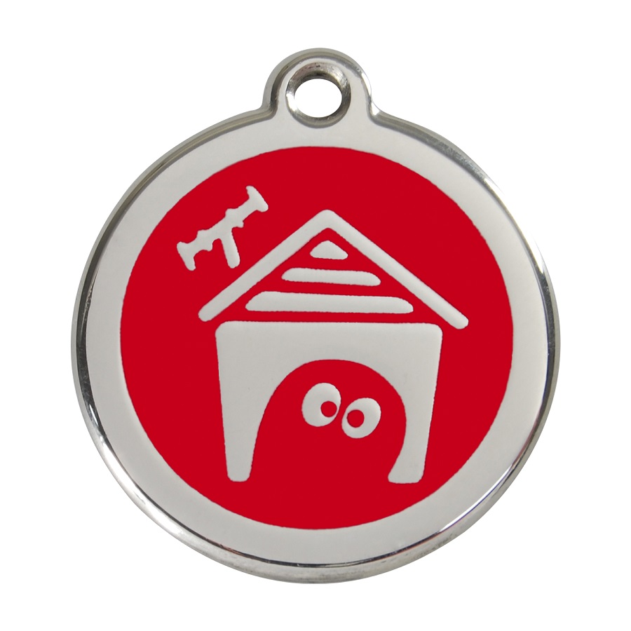 Placa de identificação para cães em aço inoxidável esmaltado, casinha vermelha para cães.
