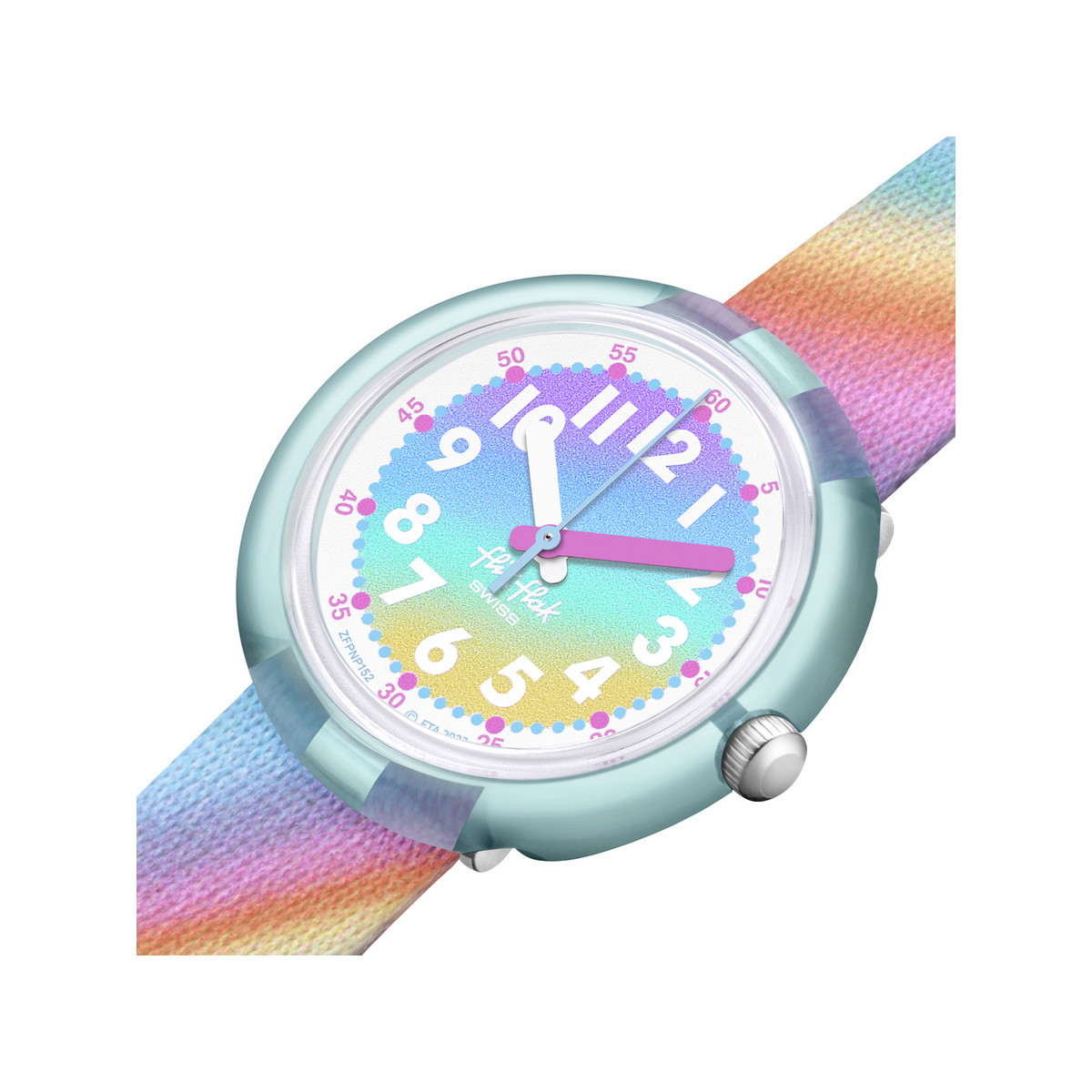 Montre FLIK FLAK Organized Chaos Liquid Rainbow enfant bracelet pet recyclé rose