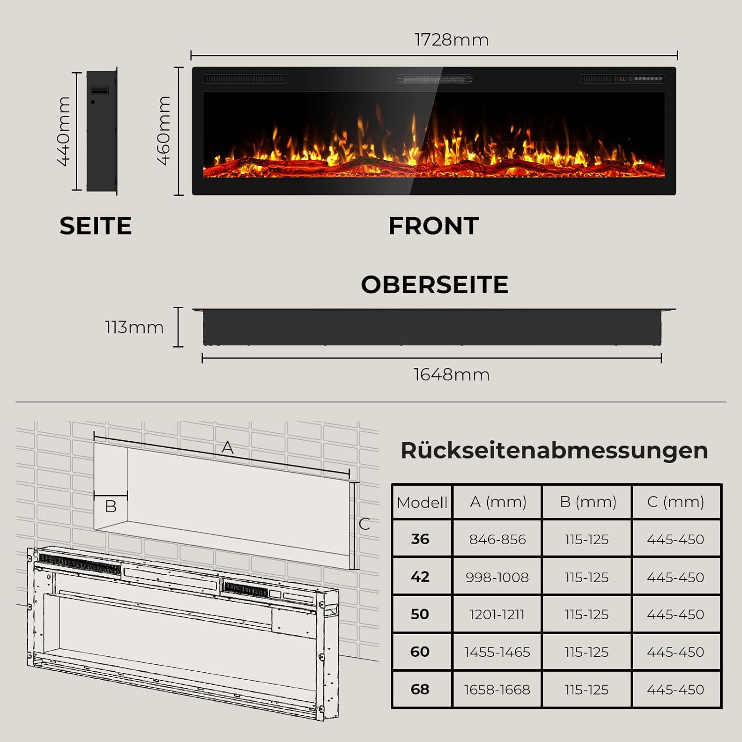 Quiniver 68' Elektrischer Kaminofen, Wandmontage/Einbau, 1500W & 750W Heizmodi, 7 Flammen- & 12 Glutfarbe, Fernbedienung & Touchscreen, 8h Timer, 40dB Leise, CE-Zertifiziert