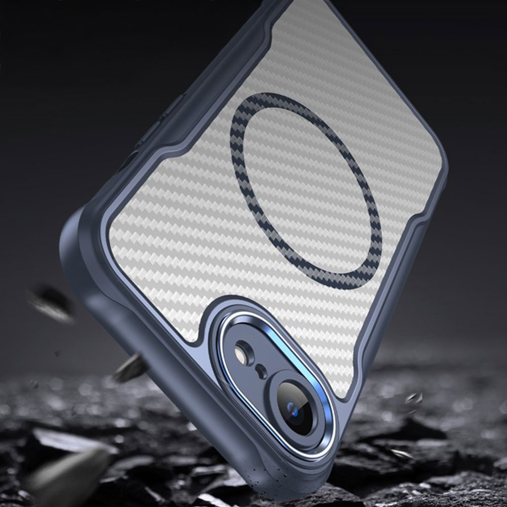 iPhone 16e MagSafe Gummi Case Schutzhülle Carbon Look Air Cushion Fallschutz mit Kameraschutz - Blau / Transparent