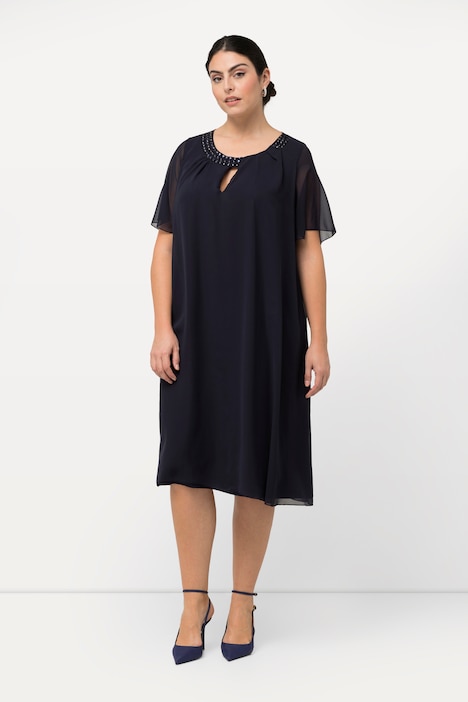 Chiffonkleid, Schmucksteine, A-Linie, Rundhals, Halbarm