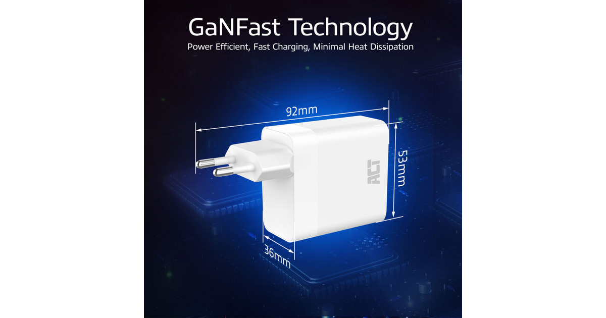ACT ConnectivityUSB-C/USB-A lader 65W 3-poorts met Power Delivery PPS, QuickCharge en GanFast  (Wit)