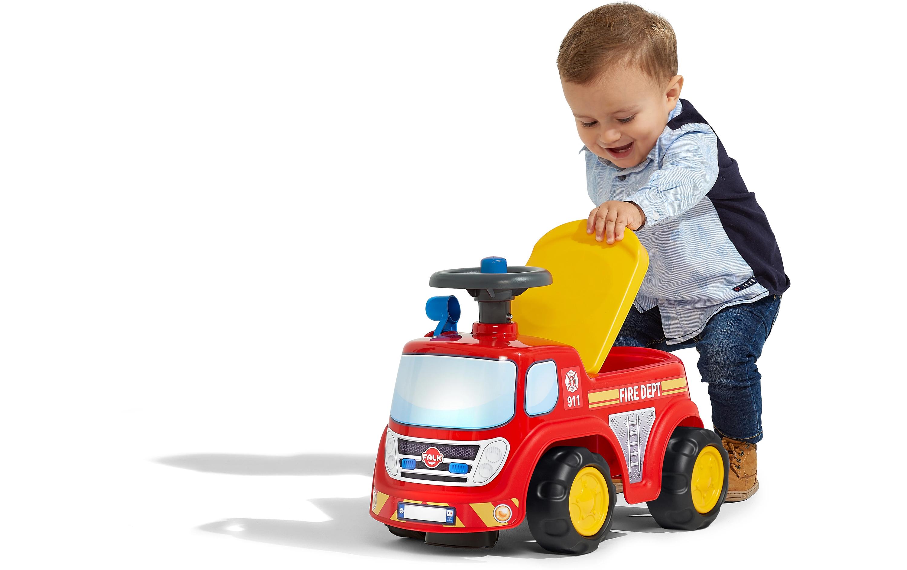 Rutschfahrzeug Rutscher FeuerwehrFeuerwehrtransporter mit aufklappbarer Sitzfläche und Lenkrad mit Hupe