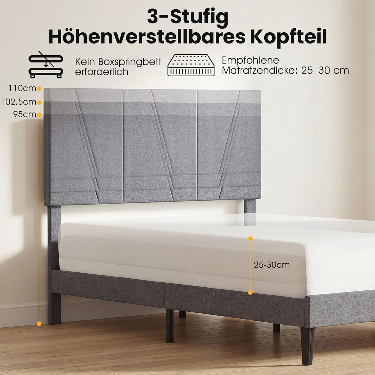 COSTWAY Polsterbett mit Lattenrost, Bettrahmen aus Holz mit höhenverstellbarem Kopfteil in Leinenstoff, Bettgestell ohne Matratze, Grau (140 x 200 cm)