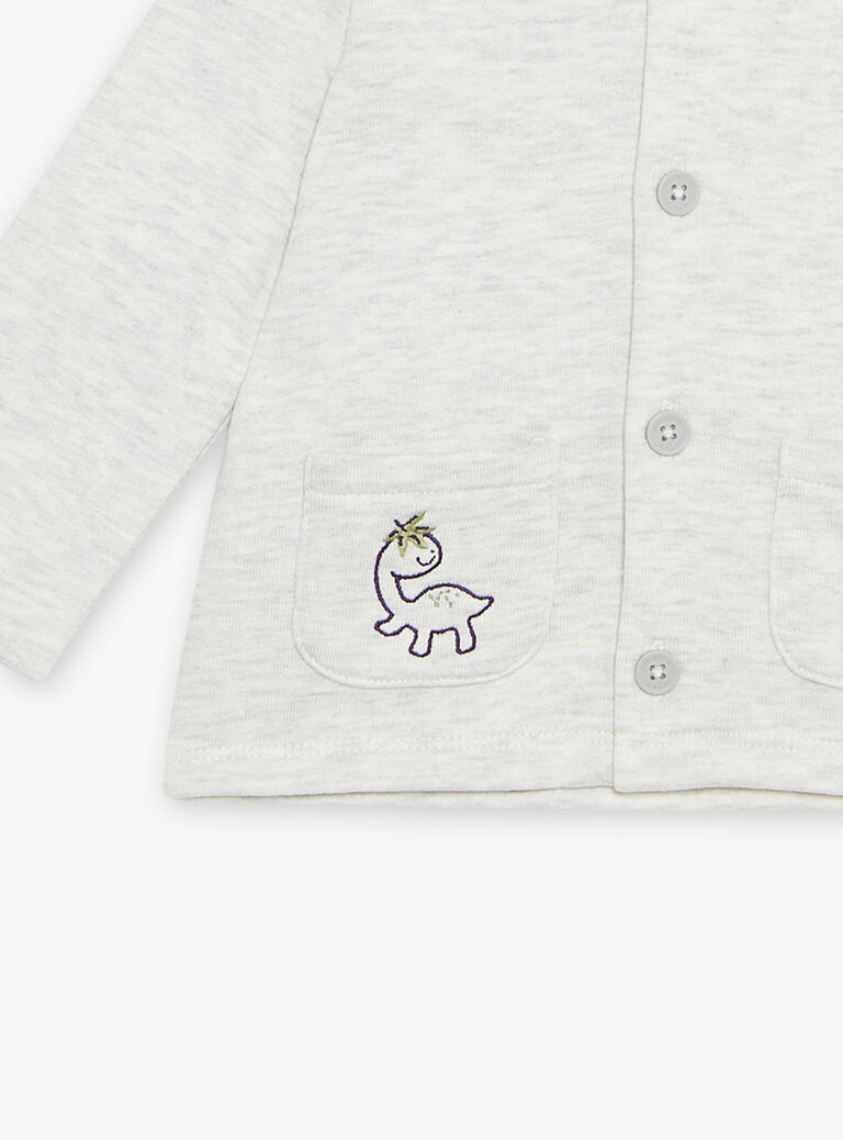 Cardigan en molleton beige chiné à capuche et à broderies animaux fantaisie