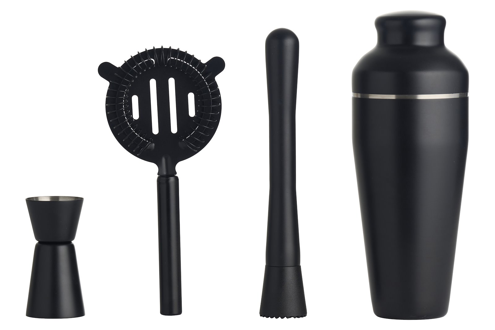 DAY \nCocktailsett Sortlakkert stål. Sett med shaker, målebeger, morter og sil.